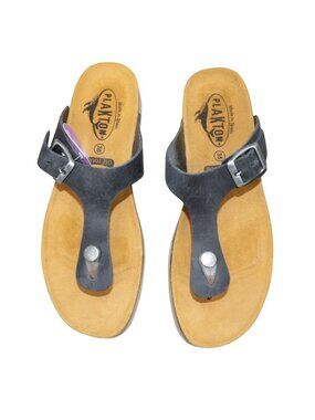 Plakton Women's Blue Leather Toe Post Sandals Size 7 Eu 38 Adjustable Strap